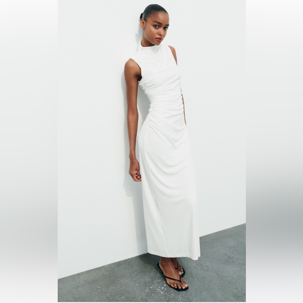 Zara White Sleeveless Midi Dress with High Neck